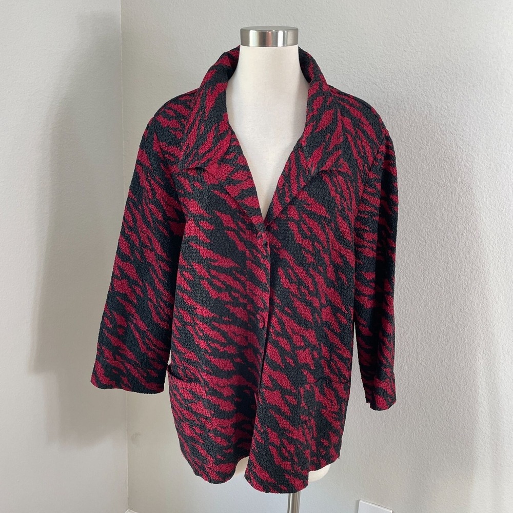 Chicos Travelers Collection Womens‎ XL Red Black Crinkled Jacket Button Up